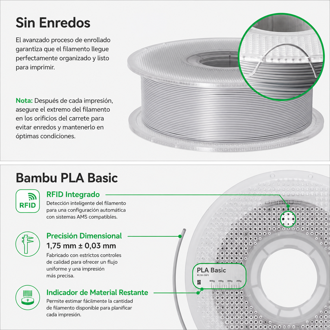 Bambu PLA Básico - Jade White - con carrete reutilizable Bambu - Imagen 4